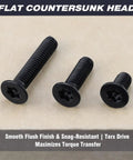 Dead Nuts Tight M5 X 8mm Black Stainless Steel Security Screws 100 Pack With T25 Torx Bit, showing three countersunk screws.