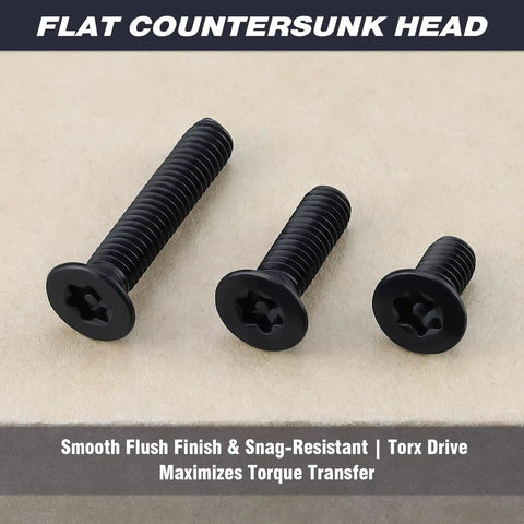 Dead Nuts Tight M5 X 8mm Black Stainless Steel Security Screws 100 Pack With T25 Torx Bit, showing three countersunk screws.