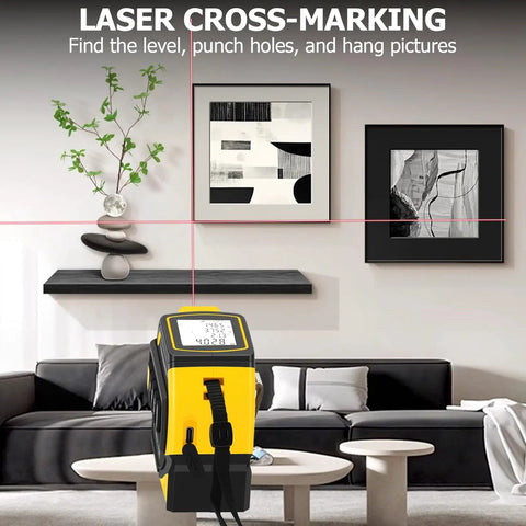 4-In-1 Digital Laser Tape Measure With 328 Ft Range And 16 Ft AutoLock Tape, Dual-Axis Leveling, Cross-Line Leveling, Class II Laser Output Under 1 mW, Built For DIYers, Pros, And Home Reno Projects. used for wall picture alignment