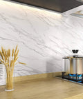 Marble Peel And Stick Countertop Contact Paper Waterproof Vinyl Backsplash applied on kitchen backsplash, wheat in vase.