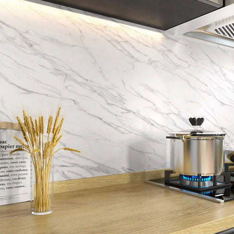 Marble Peel And Stick Countertop Contact Paper Waterproof Vinyl Backsplash applied on kitchen backsplash, wheat in vase.