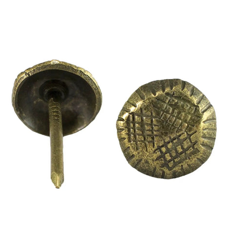 Top Shelf Antique Brass Upholstery Tacks, 7/16 inch hammered furniture nails with textured heads for DIY couch repair.