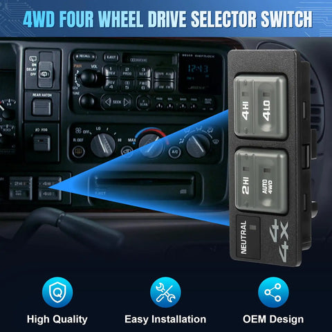 Four Wheel Drive Selector Switch 4x4 for 1998 1999 2000 Chevy Tahoe Suburban K1500 K2500 Escalade and GMC 1500 2500 Replacement Switch With Easy Install and Durable Electronics for Smooth Shifts, 4-button dash switch