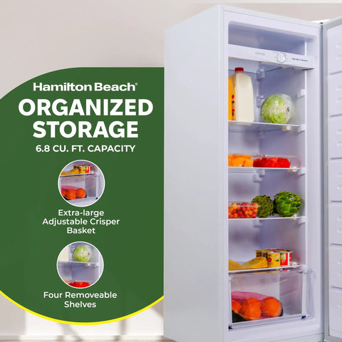 Sleek Upright Convertible Refrigerator And Freezer Serving 6.8 Cu Ft Of Flex Storage Reversible Swing Door with organized fruits and veggies.