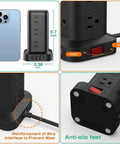 Dimensions and features of 16 In 1 Tower Power Strip With 12 AC Outlets And 4 USB Ports Including USB C, showing anti-slip feet and reset button.