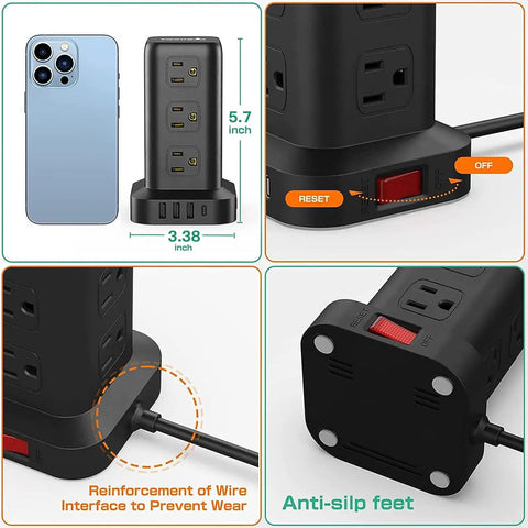 Dimensions and features of 16 In 1 Tower Power Strip With 12 AC Outlets And 4 USB Ports Including USB C, showing anti-slip feet and reset button.