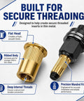 Pro Grade Carbon Steel Rivet Nut Tool Set With Assorted Mandrels And Flat Head Inserts Spanning M3 Through M12 close-up showing components for secure threading in thin metal.