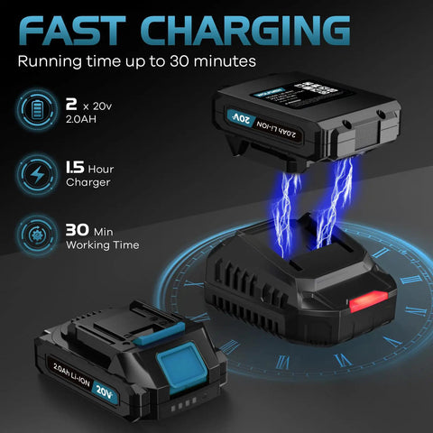 Fast charging 2 x 20V 2.0Ah batteries and charger for cordless leaf blower with two batteries and charger, 2-speed lightweight.