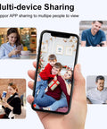 Hand holding smartphone showing family photo, surrounded by people using phones, illustrating multi-device sharing feature.