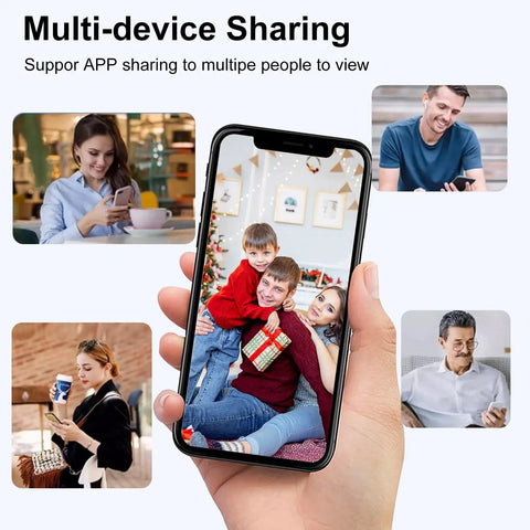 Hand holding smartphone showing family photo, surrounded by people using phones, illustrating multi-device sharing feature.