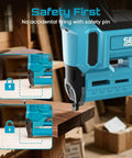 Lightweight Cordless Brad Nailer And Staple Gun With Battery Included Smooth Operator showing safety pin feature on wood.