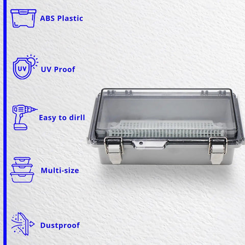 Small Outdoor Waterproof Junction Box Enclosure IP67 With Transparent Cover For Electrical Projects, ABS plastic, close-up view.