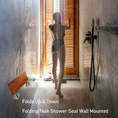 20 Inch Folding Teak Shower Bench Wall Mounted Seat with Brushed Nickel Cover in shower, silent fold design for bath aid.