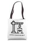 Industrial Conveyor Belt Tote Bag With Dope Urban Vibe And Durable Canvas, white with black straps, crane graphic, front view
