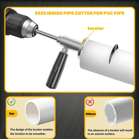 7 Inch Inside PVC Pipe Cutter With Adjustable Depth From 0 To 7 Inches used on a pipe, showing handle and locking ring, flush cut demonstration.