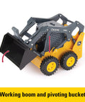 Big Farm 1:16 Scale Skid Steer Toy Set With Interchangeable Accessories for indoor play, showcasing working boom and pivoting bucket.