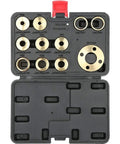 Top Shelf 11 Piece Solid Brass Router Bushing Set And Template Guide Kit With Adapter Plates and sturdy carry case open view.