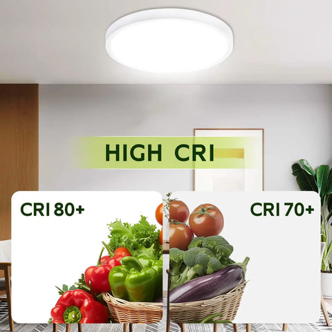 32 Inch Oval Led Flat Panel Light White 38W 3800 Lumens Killer Bright Edge Lit Dimmable Flush Mount Ceiling Fixture With 3000K 4000K 5000K Cct Selectable And 120 Degree Beam Angle ETL Listed with high CRI display over vegetables