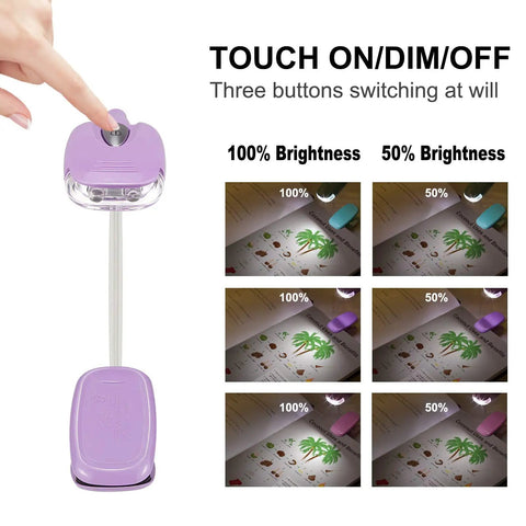 Touch dimming feature of Kids Clip On Reading Light 3 Pack Battery Operated Dimmable Lamp With 12 CR2016 Batteries Included