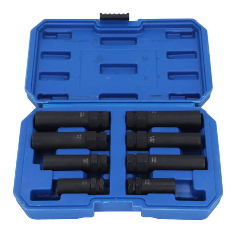 8 Piece Lug Nut Socket Set For Wheel Lock Removal With Thin Walled Spline Keys Cr Mo Steel Built Tough Heavy Duty in blue case