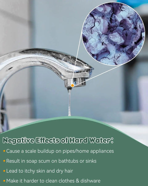 Faucet with water and mineral buildup, showing effects of hard water with scale and soap scum for Hard Water Test Kit With 200 Strips For Calcium And Magnesium 0 To 425 PPM Fast Easy To Read Color Chart For Drinking Water Tap Water Well Pool Spa Testing And Water Softener At Home Quick Accurate Results.