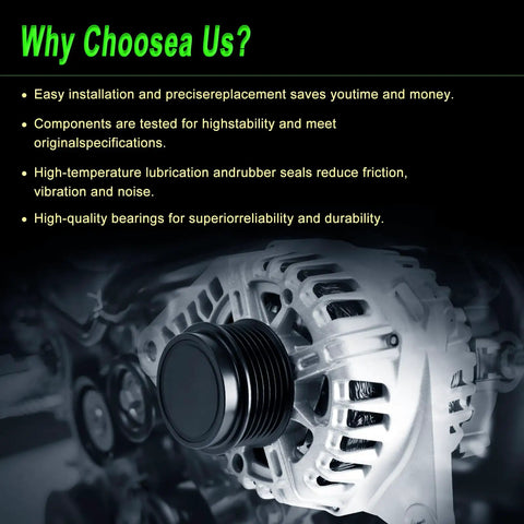 Beefed Up Alternator Replacement for Hyundai Elantra 2011-2017 shown installed in engine with detailed specifications.