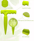Light green Go-To Handheld Seed Spreader And Planter Tool With Dibber for small seeds showing ergonomic handle and seed aperture.