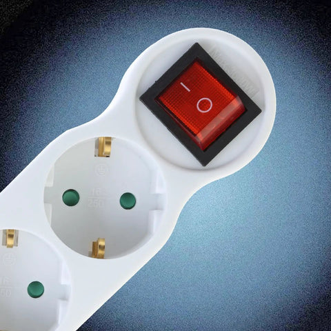 Heavy Duty Eu Standard 3 Way Power Strip Adapter With Two Pin Round Holes Compact White Wall Outlet Converter 250V 16A showing three sockets and power switch.