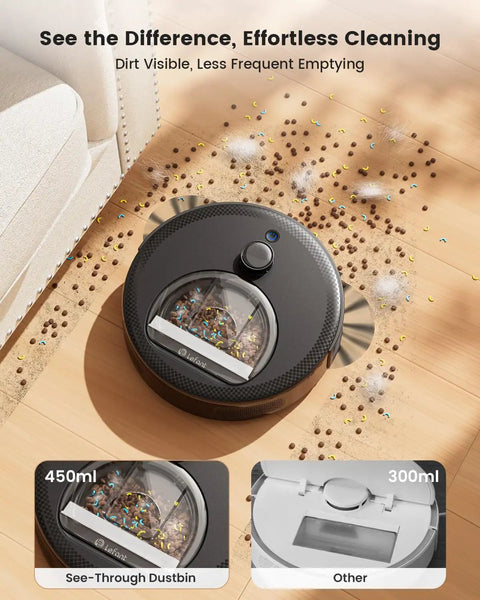 LiDAR Robot Vacuum And Mop with 450ml dustbin, visible cleaning on hardwood, M330 Pro, obstacle avoidance in action