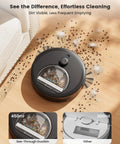 LiDAR Robot Vacuum And Mop with Slick Smart Mapping cleaning dirt on hardwood floor, showing see-through dustbin.