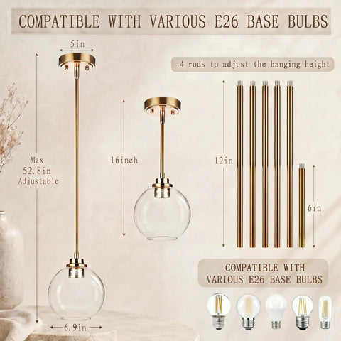 Luboyear 3 Pack Inch Clear Globe Glass Pendant Lights, Gold Brass Adjustable Height hanging light fixtures dimensions and specifications