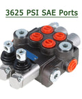 Timunr two-spool hydraulic directional control valve block, black body with red port caps and dual actuators.