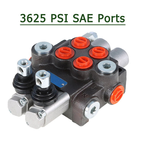 Timunr two-spool hydraulic directional control valve block, black body with red port caps and dual actuators.