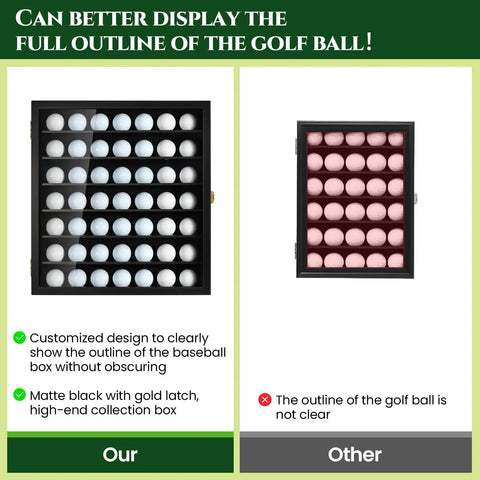 Comparison of golf ball display cases showing clear vs. unclear front on Golf Ball Display Case For 49 Balls Wall Mount Shadow Box