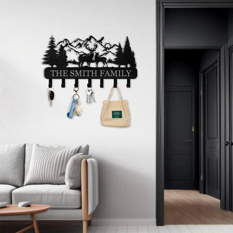 Custom Name Wall Key Holder With Forest Deer Design Dope Metal Coat Rack With Hooks For Bedroom Kitchen And Office Personalized Key Hanger Decor For Home Organization And Stylish Entryway.