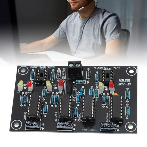 Pro Grade Op Amp Testing Module for Single and Dual Op Amp Boards with components visible and technician in background