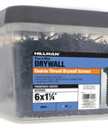 Heavy Duty Coarse Thread Drywall Screws 6 X 1 1 4 Inch Bugle Head Phillips Drive 8000 Count Pack in a clear container.