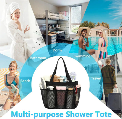Image of Odorless Mesh Shower Caddy with Dual Handles 8 Pocket Quick Dry Travel Organizer displayed in various travel settings.
