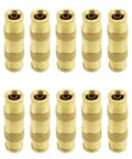 One Quarter Inch Push To Connect Fittings Kit, 10 Pack Quick Connect Pneumatic Air Line Hoses For Air Compressors, Brass Lead Free Fittings Built Tough With Durable Construction, Easy Leak Free Quick Connect System displayed individually.