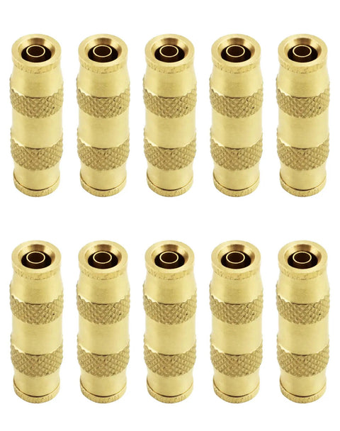 One Quarter Inch Push To Connect Fittings Kit, 10 Pack Quick Connect Pneumatic Air Line Hoses For Air Compressors, Brass Lead Free Fittings Built Tough With Durable Construction, Easy Leak Free Quick Connect System displayed individually.