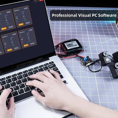 Six Pack 30Kg High Torque Serial Bus Servo Motors 12V With 360 Degree Continuous Rotation shown with PC software and battery