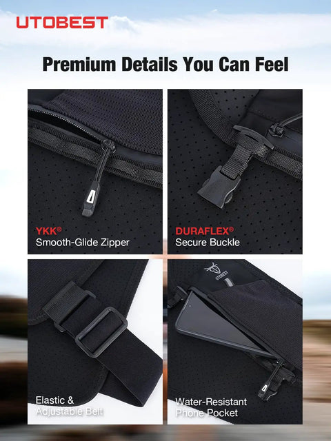 No Bounce Hydration Vest Pack showing YKK zipper, Duraflex buckle, elastic belt, and water-resistant phone pocket for marathon use