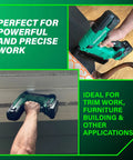 Cordless 18V Narrow Crown Stapler Kit with 2.0Ah Battery in use, showcasing precise trim work application.