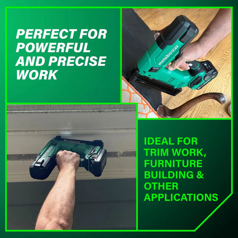 Cordless 18V Narrow Crown Stapler Kit with 2.0Ah Battery in use, showcasing precise trim work application.