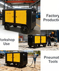 Heavy Duty Rotary Screw Air Compressor With 100L Or 500L Tank And Integrated Air Dryer For Continuous Factory Pneumatic Output visible in workshop and factory settings.