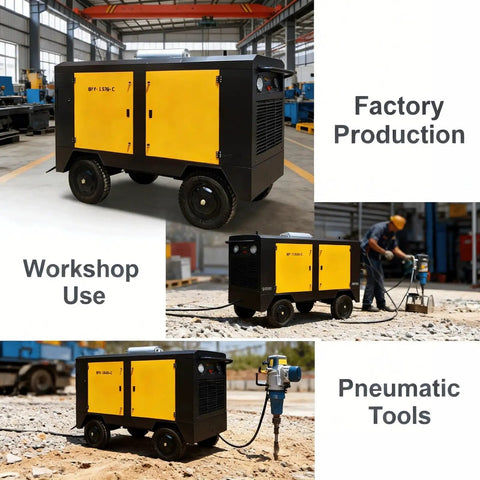 Heavy Duty Rotary Screw Air Compressor With 100L Or 500L Tank And Integrated Air Dryer For Continuous Factory Pneumatic Output visible in workshop and factory settings.