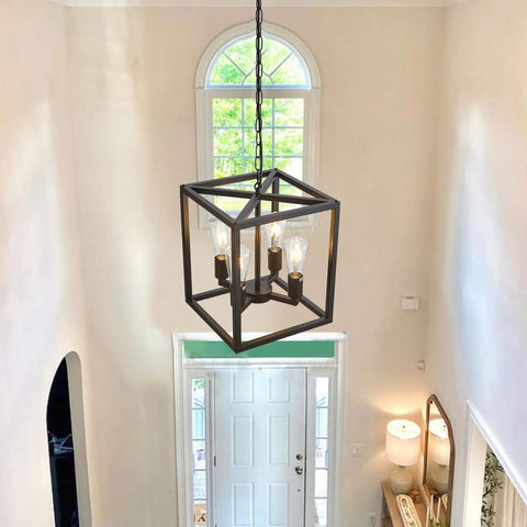 Rustic Industrial 4 Light Farmhouse Chandelier Pendant Lighting With Adjustable Height Metal Cage E26 Base in foyer
