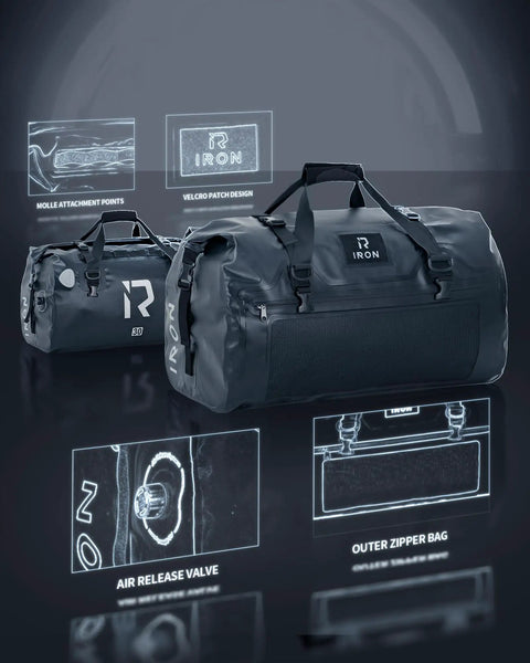 Waterproof Motorcycle Dry Bag 30L Duffle Tail Bag N Saddle Bags With Roll Top Closure showing MOLLE points and air release valve