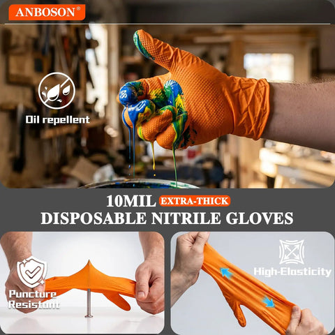 Man wearing Heavy Duty 10 Mil Nitrile Gloves With Diamond Grip Latex Free Chemical Resistant Orange Disposable Mechanic Gloves