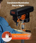 Heavy Duty Benchtop Drill Press Packing A Killer 3.2 Amp Motor And Five Speeds With Ten Inch Swing Plus Tilting Cast Iron Table, LED light on drill.